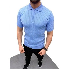 Resim Erkek Yazlık Triko Saç Örgü Tişört Kısa Kol Polo Yaka Fermuarlı T-shirt - Bebe Mavisi 