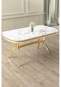 Resim Canisa Olya Serisi 90x168 Lak Panel Beyaz Mermer Desen Masa Takımı Gold Ayaklı 6 Antrasit Sandalye Masa Beyaz Mermer Antrasit Sandalye 