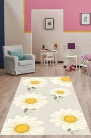 Resim Pelangi Minimal Tarz Beyaz Sarı Papatyalar Yıkanabilir Kaymaz Taban Leke Tutmaz Çocuk Odası Halısı, Sarı-Beyaz 60 x 200 