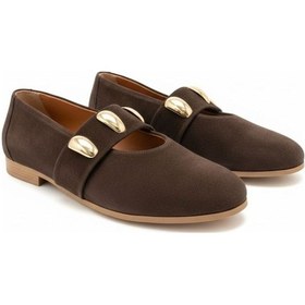 Resim Ne&ve Shoes Kahve Süet Gold Aksesuar Detaylı Lastikli Kadın Şık Ve Rahat Babet Kahverengi 