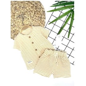 Resim 9-12-18-24 Ay Düğme Detaylı Çizgili Müslin Kumaş Yazlık 2li Erkek Bebek Takımı Sari 