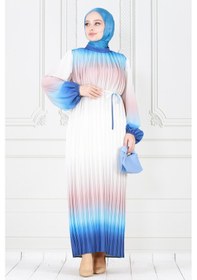 Resim Sevitli Piliseli Ebruli Tesettür Elbise-indigo-3878-indigo İndigo 