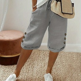 Resim 1 adet Kadın Rahat Düz Renkli Kapri Şort, Sahte Düğme Detaylı ve Bağcıklı Bel, Polyester Dokuma Yazlık Orta Boy Pantolon 
