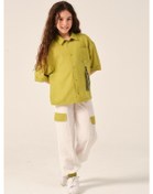 Resim Genç Kız Çocuk Aksesuar Detaylı Cepli Kısa Kollu Gömlek Yağ Yeşili 