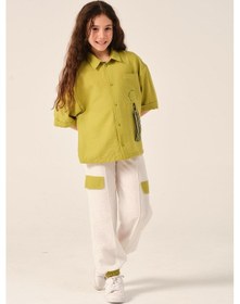 Resim Genç Kız Çocuk Aksesuar Detaylı Cepli Kısa Kollu Gömlek Yağ Yeşili 