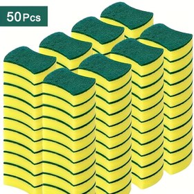 Resim 50 ila 100 adet çok yönlü temizlik süngeri, ev temizliği, bulaşık yıkama ve premium mutfak kullanımı için ideal çift taraflı temizlik pedleri ile birlikte gelir. Bu dayanıklı, çizik yapmayan süngerler yüksek emici özelliklere sahiptir ve temel temizlik araçları olarak hizmet eder. 