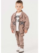 Resim Çift Cepli Fermuarlı Su Geçirmez 3 Parça Erkek Çocuk Ceketli Takım Vizon 