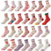 Resim 12'li Paket Kız Çocuk Karikatür Meyve Desenli Sevimli Çizgili Karışık Orta Boy Çorap, Meyve Deseni,Çizgi Film Tasarımı,Rahat Kesim,Makinede yıkanabilir,Çoklu Paket Çoraplar,Küçük Kızlar 