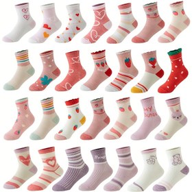 Resim 12'li Paket Kız Çocuk Karikatür Meyve Desenli Sevimli Çizgili Karışık Orta Boy Çorap, Meyve Deseni,Çizgi Film Tasarımı,Rahat Kesim,Makinede yıkanabilir,Çoklu Paket Çoraplar,Küçük Kızlar 