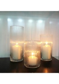 Resim 3'lü Cam Silindir Vazo Mumluk Seti 10 Çap 15-20-25cm Yükseklik Beyaz 