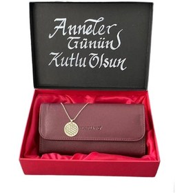 Resim Anneler Günü Deri Bordo Cüzdan Yaşam Çiçeği Kolye Hediye Seti Bordo 