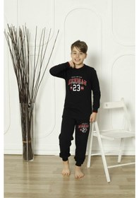 Resim Yeni Sezon Erkek Çocuk Gez Garson Uzun Kollu Pamuk Penye Pijama Takımı 5084-siyah Siyah 