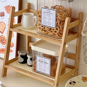 Resim Modern Bambu Dokuma Depolama Rafı, Yatakhanesi, Yatak Odası, Ofis, Mutfak için Çift Katmanlı Masaüstü Düzenleyici - Tezgah Montajı, Ahşap Kaplama, Trapez Şekli, Krem Renk, Bambu Raf Birimi 