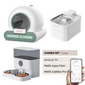 Resim Groove Ti+ Otomatik Kedi Tuvaleti Yeşil - Petfit Aqua Flow Akıllı Su Pınarı Çeşmesi - Petfit CatMax Pro Plus Otomatik Mama Kabı 