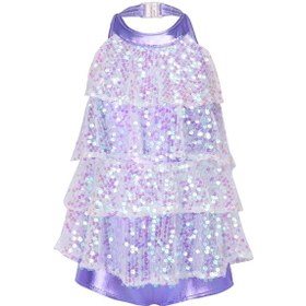 Resim Lavanta Çocuklar Parlak Jimnastik Shorty Unitards Elbise Kız Bale Leotard Sahne Performansı Latin Caz Dans Kostümü Lila 