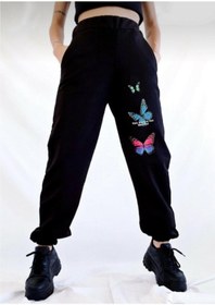 Resim Mythologie Butterflies Eşofman Altı Jogger - Siyah Baskılı Lastik Paça Yüksek Bel Kışlık 