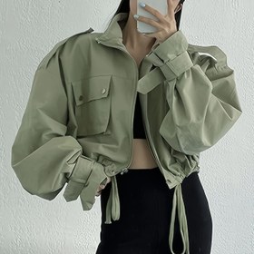 Resim Kadınlar için Rahat Kısa Kollu Bağcıklı Ceket - Zeytin Yeşili, Stand Yaka, Fermuar Önü, Cep, Hafif ve Şık, Günlük Kıyafet İçin, Tüm Mevsimler İçin Ceket|Rahat Tarz Ceket|Zipli Ceket 