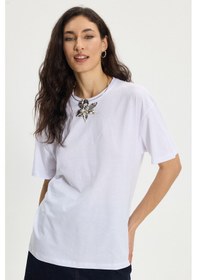 Resim Tudors Kadın Slim Fit Dar Kesim Pamuk Kısa Kollu Bisiklet Yaka Beyaz Tişört-50381 L 