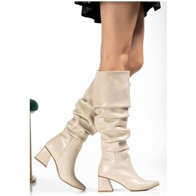 Resim Syt-2002 Bej Kırışık Rugan Körüklü Kalın Topuklu Günlük Bayan Çizme Açık Bej - Kahverengi 