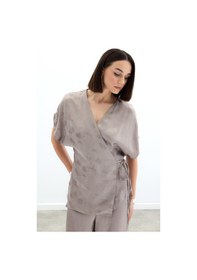 Resim Sateen Bağlamalı Jakarlı Saten Bluz - Vizon-136029 Vizon 