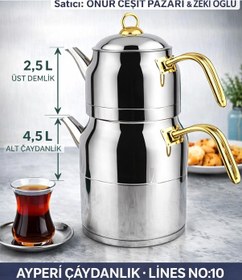 Resim Lines Ayperi L-3040 Mega Boy Çaydanlık No:10 Paslanmaz Çelik Büyük Boy Çaydanlık Takımı 2.5 L + 4.5 L Gold Saplı Krom 