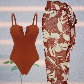 Resim Yazlık Kadınlar için Yeni Rahat Baskılı Beli Bağlamalı Tek Parça Mayo ve Etek Takımı 