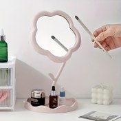 Resim 1 Adet Çiçek Desenli Cam Makyaj Aynası Ayarlanabilir Sehpa ile - Taşınabilir Cilalı Plastik Çerçeve, Yatak Odası ve Banyo Dekoru için - Güzellik Tutkunları & Ev Estetiği, Dekoratif Makyaj Aynası | Elektrik Gerektirmez 