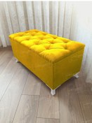Resim Lüks Sandıklı Kapitoneli Ayakucu Puf Bench 90 Cm Beyaz Ayak Sarı 