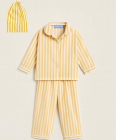 Resim Genel Markalar Unisex Çocuk Sarı Çizgili Çantalı Pijama Takım 