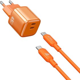 Resim Wiwu Wi-G025 Cube Serisi Type-C to Type-C GaN Tech Hızlı Şarj Özellikli Kablolu Şarj Seti 47W - Turuncu 