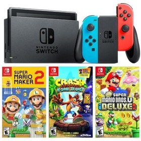 Resim Switch Renkli Mavi Kırmızı + Super Mario Maker 2 + Crash Bandıcoot + Super Marıo Bros U Deluxe 