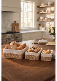 Resim 3 Lü Bambu Ekmek Sepeti Seti, 26x20x12 Cm, Metal Çerçeveli Dantelli Çiçek Desenli Kumaşlı Organizer Kahverengi 
