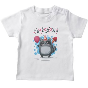 Resim Angemiel Baby Partideki Sevimli Rakun Erkek Bebek Tişört Beyaz B0575MDBBKETSRT 