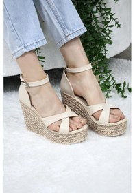 Resim Asmi Shoes Kadın Çapraz Bantlı Dolgu Topuklu 11cm Ayakkabı Rahat Yüksek Topuklu 700 Krem Krem 