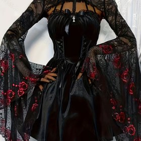 Resim Gotik Dantel Shawl Üst - Bordo & Siyah Kontrast Kısa Ceket Benzeri Blazer, Yarı Şeffaf Yuvarlak Boyun Uzun Kol Bol Fit Patchwork Elbise Palto; Davetiye Misafipleri İçin: Baloya, Partilere veya Maskara, Siyah Şık Kazak Tunikler, Üst Cape, Akşam Giyimi Örtüsü, Gotik Şal, Boho Kapüşonlu Şal Pelerin, Elbise Örtüsü, Viktorya dönemi şalı, Üst Örtü, Yazlık Örtüler, Omuz Pelerini, Dantel Sarma Üst, Resmi Giyim Üstü, Çiçek Desenli Şal Wrap Üst, Uzun Bohem Boyun, Gotik Peçeler, Payetli 