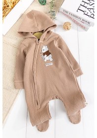 Resim Babymod Kapişonlu Ayıcık Desenli 100% Pamuk Erkek Bebek Tulum Kahverengi 