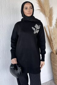 Resim Gülseli Taş İşlemeli Tesettür Triko Tunik Siyah TZL-P-00020359 