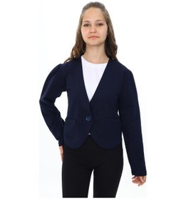 Resim Toontoy Kız Çocuk V Yaka Blazer Kapama Cepli Düşük Omuz Örme Okul Hırkası - 2 İplik Lacivert 