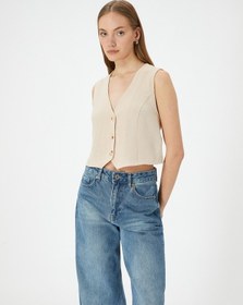 Resim Koton Crop Yelek V Yaka Düğmeli Standart Kesim Bej 4sak30035pw Ekru 
