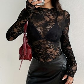Resim Kadınlar İçin Şık Dantel Detaylı Uzun Kollu T-Shirt - Yarı Saydam Siyah Üst, Makinede Yıkanabilir, İlkbahar Yaz Sonbahar Günlük ve Resmi Giyim için Çok Yönlü, Zarif Bluz, İnce Detaylar, Moda Elbise 