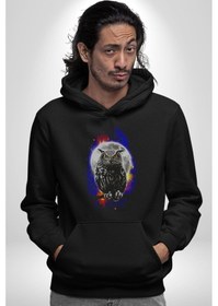 Resim Baykuş Ay Gece Uğur Kadın Erkek Siyah Kapüşonlu Sweatshirt Hoodie Siyah 