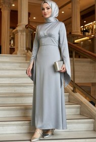 Resim N.S NEVA STYLE İspanyol Kol Gri Tesettür Saten Abiye Elbise 6258GR 