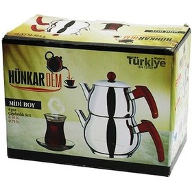 Resim Midi Boy Küre Çelik Çaydanlık Seti Renkli Bakalit Kulp Üst Demlik: 0.5lt - Alt Suluk: 0.75lt Kendind Renkli 