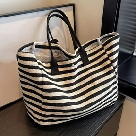 Resim Kadınlar için Şık Büyük Kapasiteli Kanvas Tote Çanta - Siyah ve Beyaz Çizgili, Geniş Omuz Çantası Polyester Astarlı, İş, Plaj, Seyahat için Mükemmel - Telefon, Cüzdan, Anahtarlar, Makyaj, Seyahat Tote Çantası için Çok Yönlü | Rahat Şık Çanta | Kanvas Yapı, Yenilik Cüzdanı 