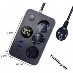 Resim fullreyon 2 Metre Kablolu, Akım, Çocuk, Cihaz Korumalı, 2 USB - A, 1 TYPE-C, 3 Prizli Akıllı Priz Çoklayıcı 