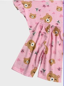 Resim Aliş Kids Kız Çocuk Pamuklu Pembe Ayıcık Kalp Desenli Kolları Fırfırlı Kısa Kollu Şortlu Yazlık Pijama Takımı 