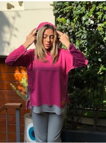Resim Kadın Pembe Kapşonlu Etek Ucu Detay Arma Ters Dikiş Gorunumlu Ikili Takım Pembe 