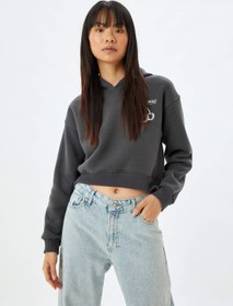 Resim Crop Oversize Sweatshirt Kapüşonlu Arkası Baskılı Şardonlu 