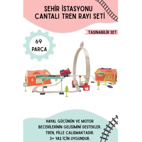 Resim Şehir Istasyonu 69 Parça Demiryolu Çantalı Set - 360° Dönme Hareketi & Pilli Tren 