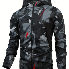 Resim Erkekler için Kamuflajlı Kapüşonlu Rüzgarlık Ceket - Uzun Kollu, Fermuarlı, Hafif ve Dış Mekan Aktiviteleri, Koşu, Eğitim ve Günlük Giyim için Uygun, Günlük Giyim Ceketi | Fermuarlı Ceket | Dayanıklı Dış Mekan Giysisi 